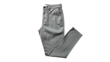Light gray, folded pants on black background, showcasing details of pockets and seams