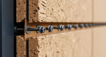 Closeup of textured cork exterior panels being securely fastened with screws illustrating reliable weatherproof façade solutions.