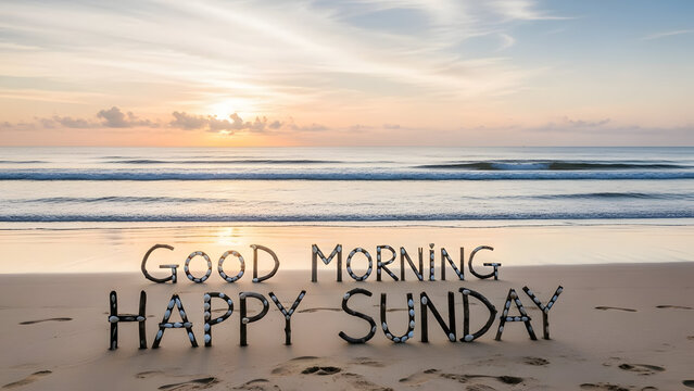 Good morning happy sunday written on the sand at beach