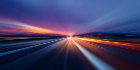 Dynamic motion blur of a highway at sunset with vibrant colors and dramatic sky