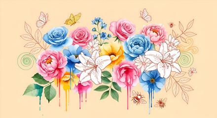 Obraz premium Vibrant floral design with watercolor roses, lilies, and delicate butterflies fluttering around, perfect for spring greetings or elegant invitations