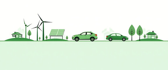 Green city skyline with wind turbines, solar panels, and houses, showcasing eco-friendly transportation with electric cars