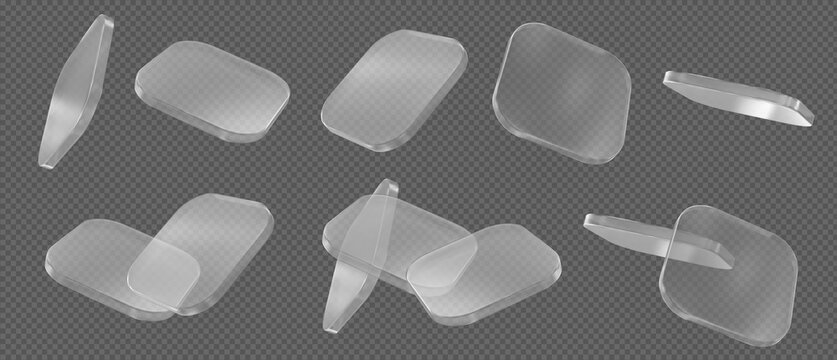 3d glass transparent rectangle with rounded angles, podium or shape element with different angles. Simple  square figure. Abstract element. Stock vector illustration on isolated background.