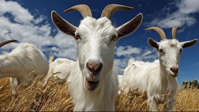 A close-up of goats in a golden field under a bright blue sky.