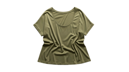 Olive green crew neck tee shirt, textured, and slightly draped on a black background