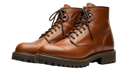 Pair of brown leather lace-up boots, slightly angled with a dark background