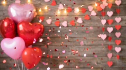 Celebrating love with heart balloons and confetti valentine's day decoration indoor event festive atmosphere close-up view romantic concept for love and relationships