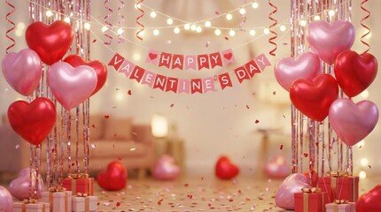 Romantic valentine's day celebration cozy living room festive decorations warm ambiance eye-level view love and friendship theme for special moments
