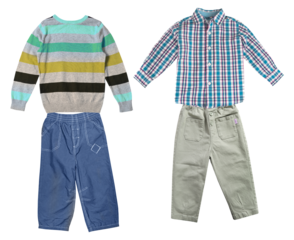 children's casual wear outfits: a striped knit sweater with blue pants, and a plaid button-up shirt with khaki pants.