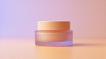 Minimalist frosted glass beauty jar with pastel lid set against a soft gradient background