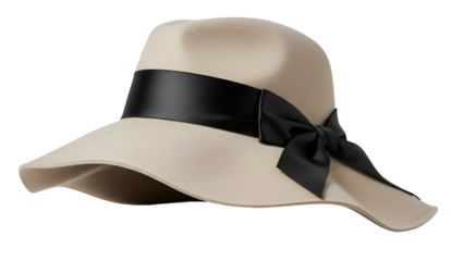 Elegant cream-colored hat with a black ribbon band and bow, isolated on black
