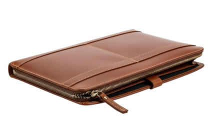 A partially open brown leather document case with zipper and stitching, isolated on black