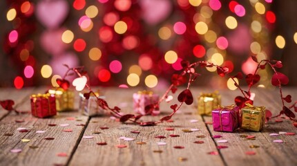 Celebrate love with colorful gifts and heartfelt decorations cozy indoor setting festive occasion warm ambiance close-up view romantic concept for valentine&rsquo;s day celebration