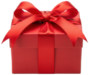 Red gift box with a big satin bow, isolated on transparent background