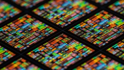 Silicon wafer microchip pattern with colorful diffraction