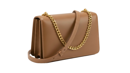 Elegant, angled shot of a tan, rectangular shoulder bag with a gold chain strap