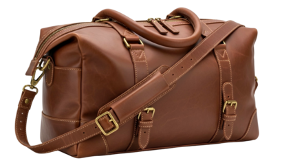 Brown leather duffel bag with handles and strap, detailed with buckles and a zipper