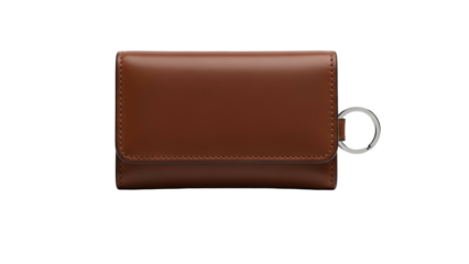 A small, brown leather wallet with a metal ring attachment against a black background