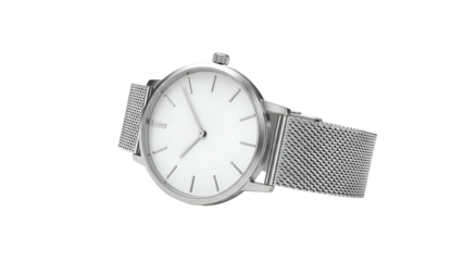 A minimalist, stainless steel watch with a white face and mesh band, isolated on black