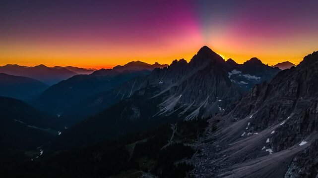 Epic time-lapse video of a sun setting over jagged mountain peaks with long-casting light beams and vibrant colorful sky