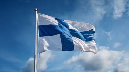 Finnish national flag waving gracefully in the wind against a clear blue sky. The image represents independence, patriotism, national pride, freedom, unity, Nordic culture, Scandinavian identity,