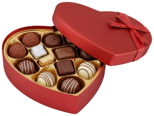 Open red heart shaped box filled with various types of premium chocolate candies isolated on transparent background