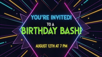 Vibrant party invitation with neon text, stars, and geometric shapes on dark background