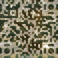 Majestic Old Tree with Sunbeams in Park Landscape