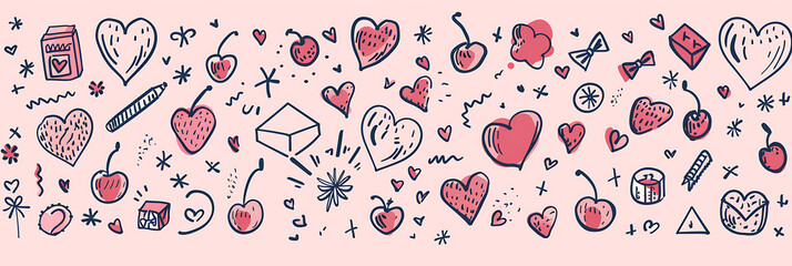 Hand drawn pink Valentine's Day seamless banner pattern with hearts cherries stars and doodles, cute wrapping paper and washi tape design background

