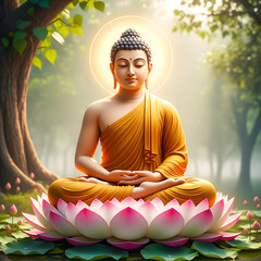 Serene Buddha Meditation on Lotus Flower &ndash; Spiritual Zen Art, Mindfulness and Buddhist Enlightenment Concept