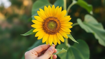 Person's hand holding a single bright yellow sunflower with green leaves and a blurred background