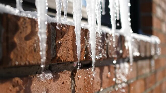 Melting icicles drip water from brick wall in bright sunlight during winter creating refreshing scene