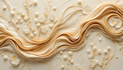 Elegant cream and gold abstract flowing fabric with delicate floral accents image photo