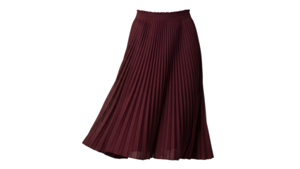 A pleated, knee-length skirt, in a dark red hue, isolated against a black background