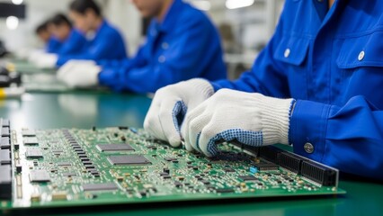 Worker hands checking electronic circuit board quality control
