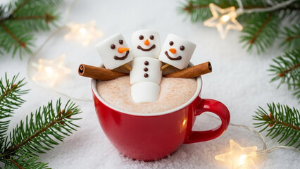 Festive Hot Cocoa with Marshmallow Snowmen in Red Mug, Cozy Christmas Winter Scene