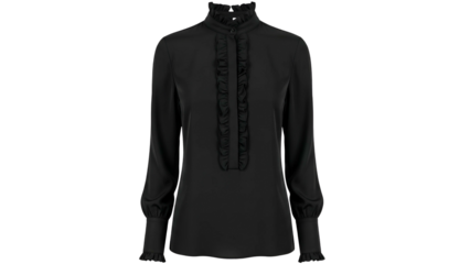 Elegant black blouse with ruffled front and high collar, long sleeves, and fitted cuffs