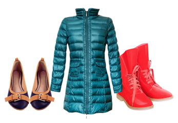 turquoise quilted down coat and red patent leather boots for women, with navy blue ballet flats, isolated on transparent background.