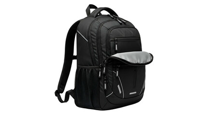 Fototapeta premium Black backpack with multiple compartments, partially open, with reflective accents