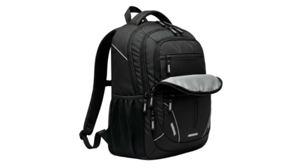 Black backpack with multiple compartments, partially open, with reflective accents