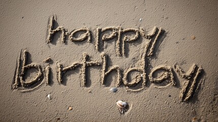 A high-angle, close-up, hyperrealistic photograph of the words happy birthday beautifully written in smooth, damp sand on a beach. Perfect for birthday, event