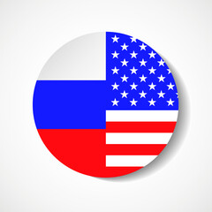 Round icon with russian and usa national flags with shadow isolated on white background. Vector illustration