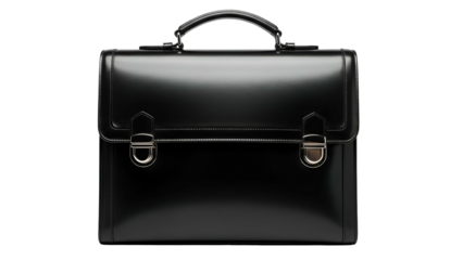 A sleek, black, leather briefcase with silver clasps, handle, and a polished, professional look