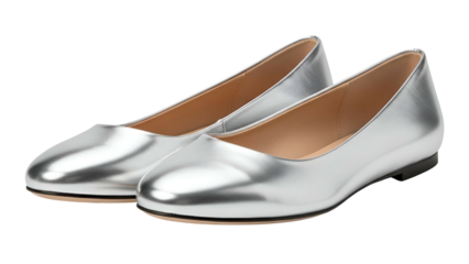 A pair of shiny silver ballet flats, leather-like, side view, on a black background