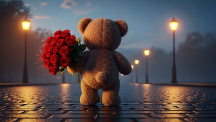 Teddy Bear Holding Roses on Cobblestone Street with Soft Streetlights &ndash; Romantic Valentine&rsquo;s Day Scene