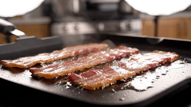 Delicious sizzling bacon cooking on a black griddle in a warm kitchen setting with shallow focus and tasty breakfast food