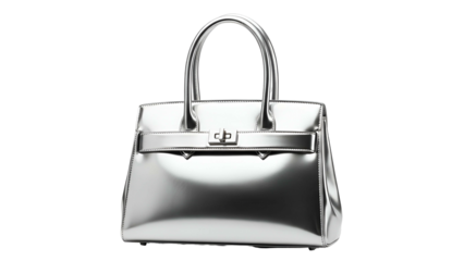 Metallic silver handbag, glossy finish, handles up, clasp detail, isolated on black