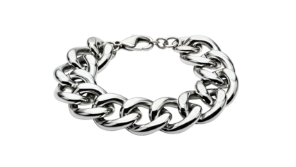A close-up of a chunky, polished silver chain link bracelet, isolated on black