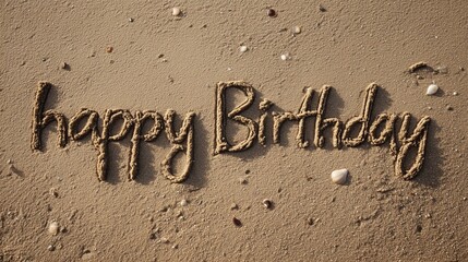 A high-angle, close-up, hyperrealistic photograph of the words happy birthday beautifully written in smooth, damp sand on a beach. Perfect for birthday, event