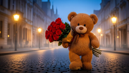 Teddy Bear Holding Roses on Cobblestone Street with Soft Streetlights &ndash; Romantic Valentine&rsquo;s Day Scene